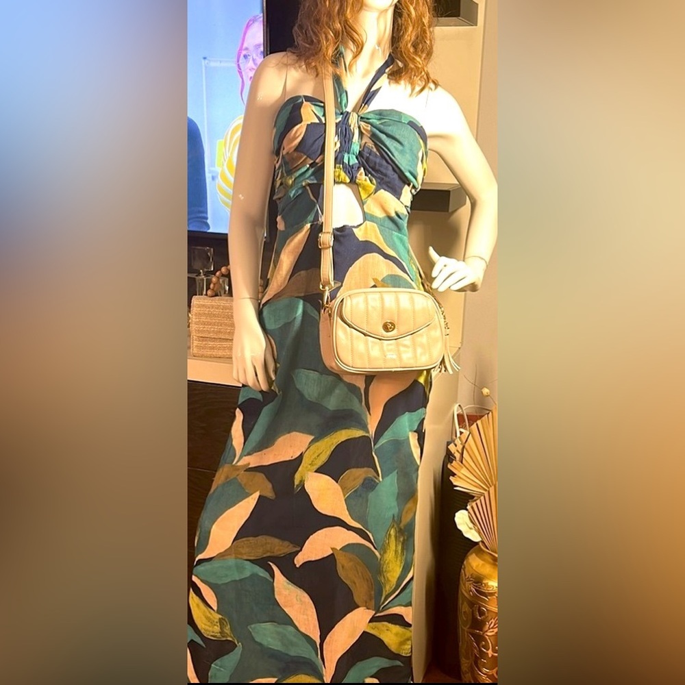 Leaf Print Halter Maxi Dress with Teal Bag, send me an offer!